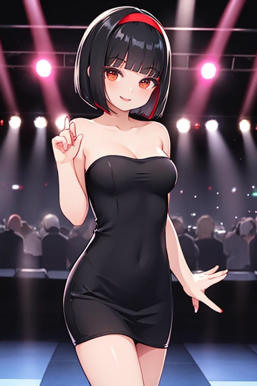 black strapless tube dress, medium breasts, smile, lips, bob cut, black hair, red hairband, ballroom, disco lights,