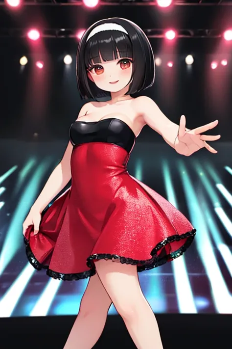 black strapless tube dress, medium breasts, smile, lips, bob cut, black hair, red hairband, ballroom, disco lights,