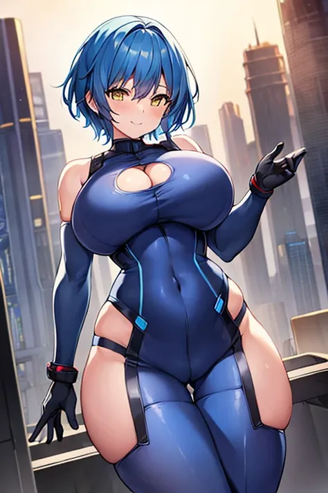 1girl, wide hips, thick thighs, breasts, large breasts, futuristic, tech, science-fiction, machinery, blue hair, very short hair, yellow eyes, light smile, smile, bodysuit, white bodysuit, blue trim, thigh strap, cleavage cutout, cleavage, cameltoe, sleeve...