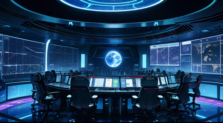 A Futuristic Sci fi Mission Control Room with a Hologram of the earth in the middle of the room