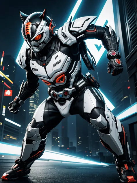 Kamen Rider, tiger motif, full white color, high tech, cyberpunk style , face detailed, realistic, action pose, full body