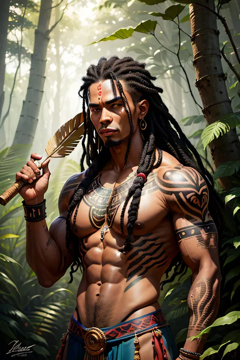 a man with tribal tattoos, dark skin, muscular body, intense eyes, long hair, tribal markings on his arms, wearing traditional tribal clothing, standing in a forest surrounded by ancient trees and lush foliage, holding a primitive weapon, with the sunlight...