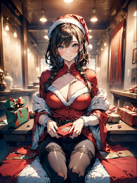 (Conceptual image board:1.3), ((matured girl wearing Sexy Santa clause costume with far:1.3, red dress with green, holding a present box in both hands to give viewers:1.2, close to viewers:1.2)), a matured woman with long black hair and a red outfit, red w...