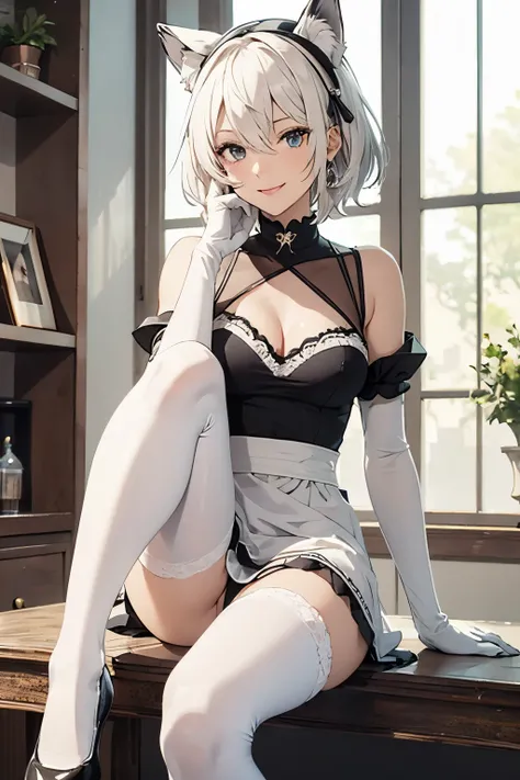 masutepiece　high-level image quality　Top image quality　in 8K　adult lady（soio）　White Long Gloves（（blanche）（Long gloves））　white stockings（（blanche）（Stockings）　White Maid Clothes（Tube Top）　Wolf ears　shorth hair（（short-cut）（White hair）（Habitual hair）（fluffly））...