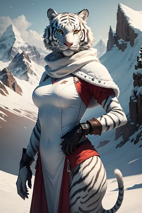 best quality, masterpiece, highres, detailed, White Tiger Woman, snowy mountain