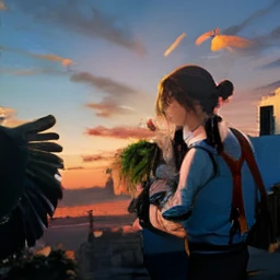 the sunset，eventide，middle parted hairstyle，Suspenders，Hand throwing chickens