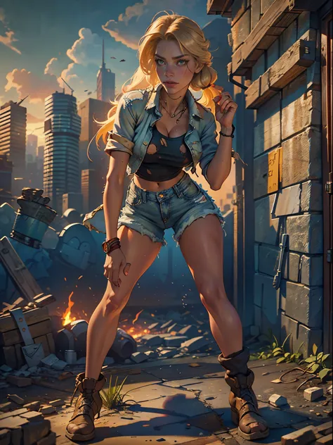 2076 year. The Urban Ruins of the Wasteland, Female huntress picking fruit in the garden, beautiful face, blonde, very torn shirt and denim shorts, shirt in tatters ,  long legs, sweating through, sun rising, Nice warm colors, head to toe full body shot