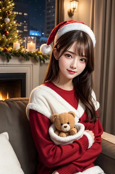 (1girl:1.3), (Extremely cute, Amazing face and eyes), solo, realistic, santa hat, christmas, long hair, fire, long sleeves, red sweater, smile, christmas tree, scenery, fireplace, window, couch, table, indoors, cityscape, christmas lights, christmas orname...