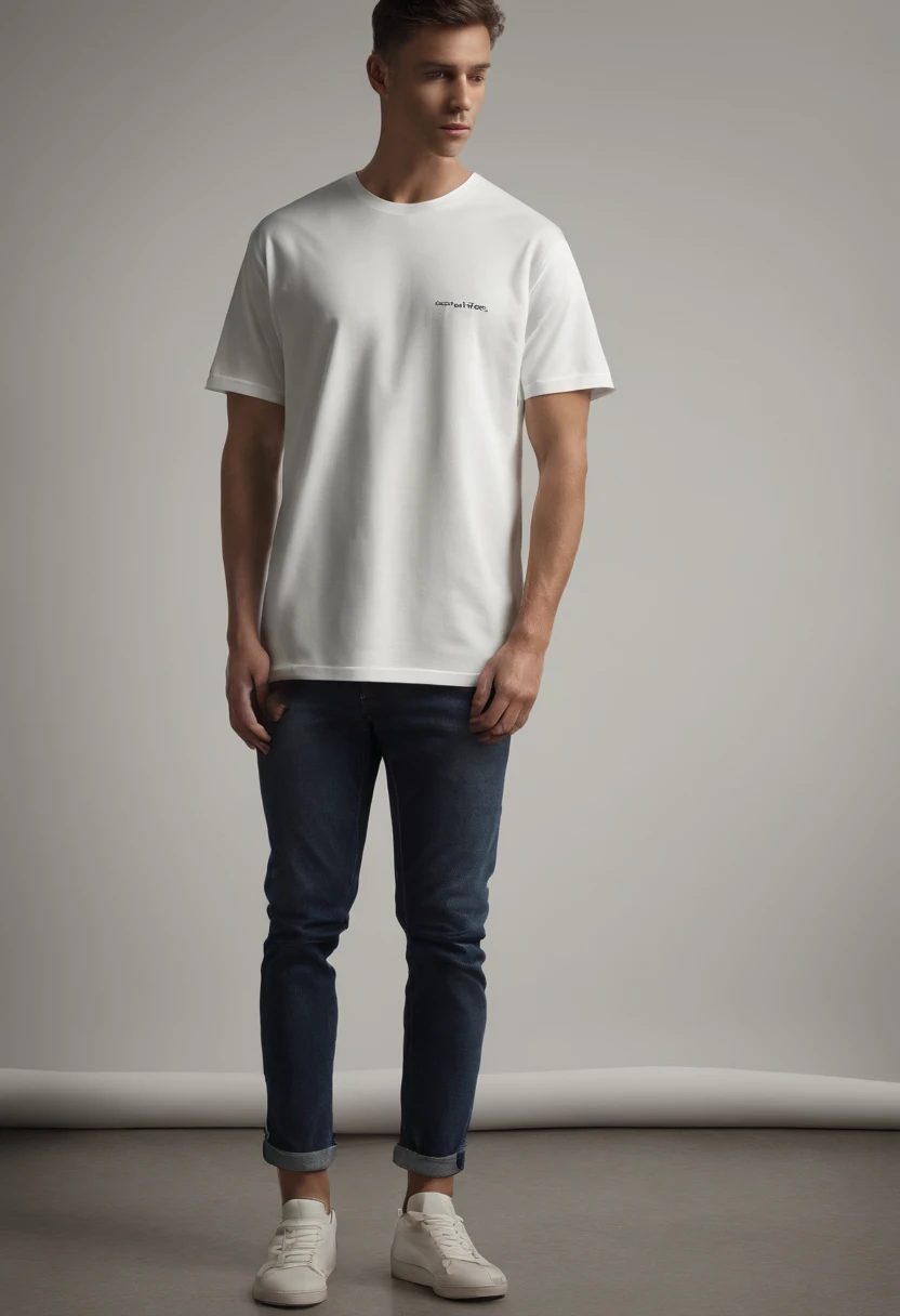 Generate a high-resolution mockup image featuring an oversized white t-shirt laid flat on the studio floor. The focus should be solely on the t-shirt, with a realistic and detailed representation of its texture, folds, and contours. Ensure that the studio ...