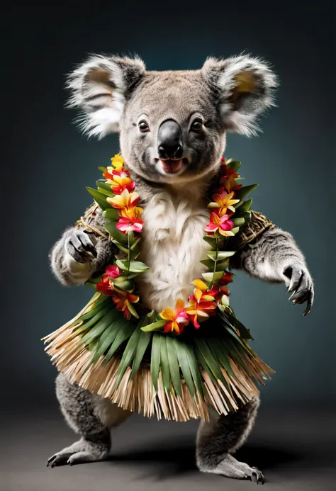 photorealistic portrait of Dressed animals - a koala hula dancer,(dancing), high quality, intricate details highly detailed hula costume , studio lighting,(full body image:1.5)