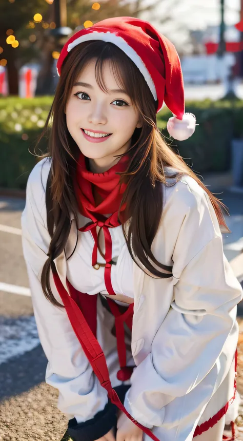 20yo, Petite breasts,  Brown hair, Red leash, seaside, She smiled slightly, Long hair, christmas street, Christmas Background, Sexy Pose