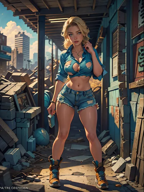 2076 year. The Urban Ruins of the Wasteland, Female huntress picking fruit in the garden, beautiful face, blonde, very torn shirt and denim shorts, shirt in tatters ,  long legs, sweating through, sun rising, Nice warm colors, head to toe full body shot