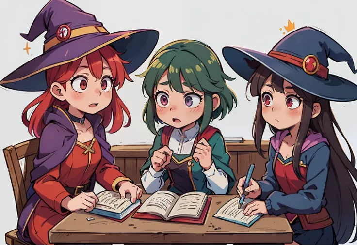 three anime characters sitting at a table with books and a book, witch academia, little witch academia, witches, mages, witchcraft!, magical school, casting spells, ddlc, from cryptid academia, magic school, colorful spells, roleplaying, megumin, witch gir...