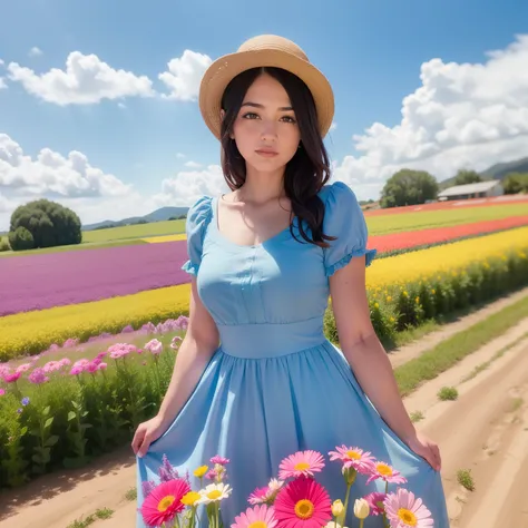 Mujer arafed con un vestido azul parada en un campo de flores rosas., de pie en un campo de flores, De pie en el campo de flores, girl standing in a flower field, girl in a flower field, Mujer de pie en el campo de flores, girl standing in flower field, Ch...