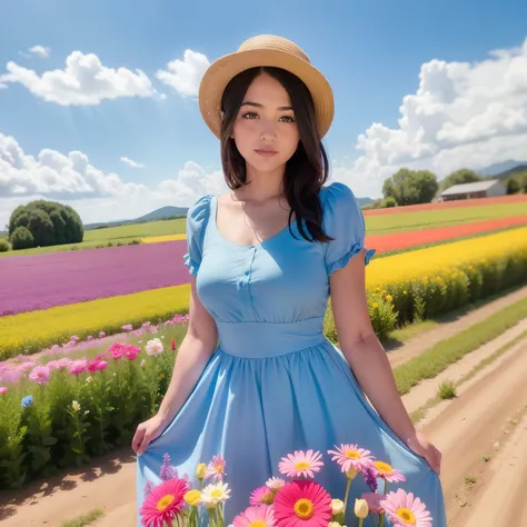 Mujer arafed con un vestido azul parada en un campo de flores rosas., de pie en un campo de flores, De pie en el campo de flores, girl standing in a flower field, girl in a flower field, Mujer de pie en el campo de flores, girl standing in flower field, Ch...