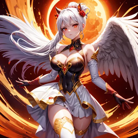 tmasterpiece, high qulity, HCNONE, pixelart, 1个Giant Breast Girl, White hair, pony tails, Red gothic dress, Simple gold background, Death gaze, Solar eclipse background