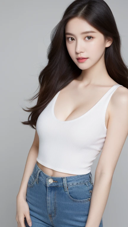 （realisticlying， A high resolution：1.3）， 1 girl with perfect figure， The face shape and eyes are super delicate，long whitr hair， random color tank top：1.2， short jeans pants， Big Bubu，Exposing cleavage