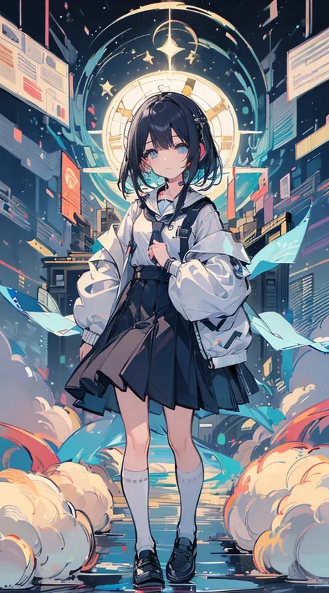 (Top quality illustrations:1.5)、(ultra-detailliert) 、(The background is the cityscape)、(Cute little girl s:1.0)、(女の子1人:1.0)、(Short black hair:1.0)、(School Uniforms:1.0)、(Thigh to upper body:1.0)、17 age、Wearing headphones、D-cups、