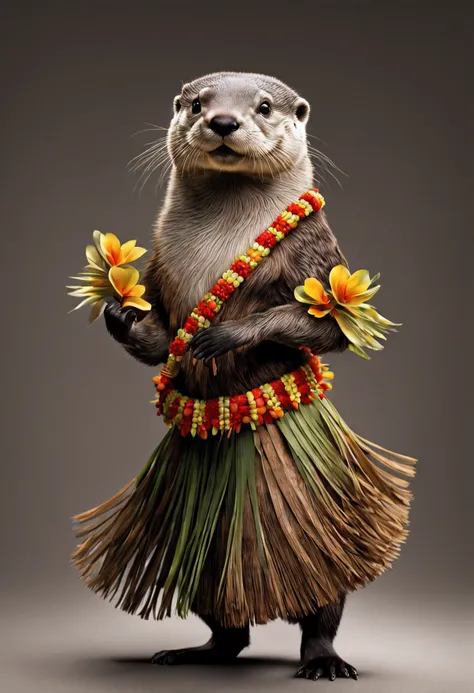 photorealistic portrait of Dressed animals - a otter hula dancer,(dancing), high quality, intricate details highly detailed hula costume , studio lighting,(full body image:1.5)