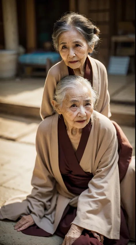 An old grandmother，Wearing monk robe，facing at camera，Kind face