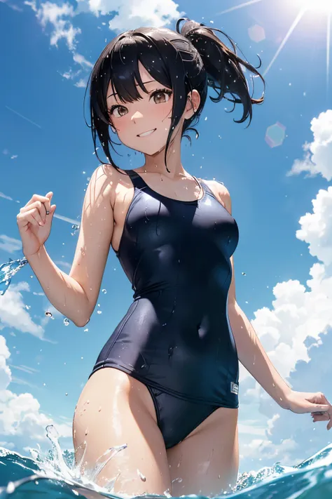 (masutepiece:1.2), (Best Quality), hyper detailed illustration，(beautiful artwork)，Extreme Detail CG) Unity (8k wallpaper)、(exquisite lighting and shadow)、(cinematic lens effects)、A high school girl is wearing a school swimsuit standing in seawater、Wearing...