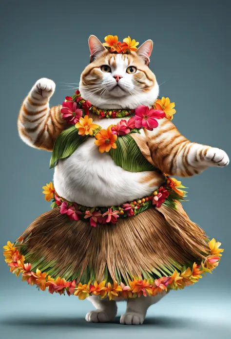 photorealistic portrait of Dressed animals - a fat cat hula dancer,(dancing), high quality, intricate details highly detailed hula costume ,flower lay, studio lighting,(full body image:1.5)