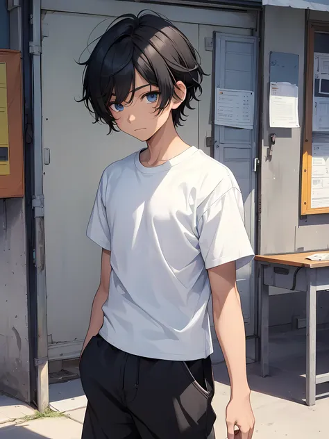 1boy, young male, age 12, black hair, happy, solo, detailed eyes, clear eyes, quality eyes, masterpiece, (UntuckedShirt:1.2), UntuckedShirt, student, White t-shirt, short sleeves, long black pants, wearing blue lanyard, standing, park, school, anime, line ...