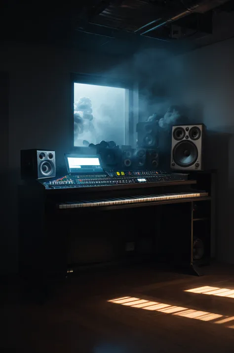 a professional music studio, inside a room with smoke, and white and dark lights, smoke well highlighted