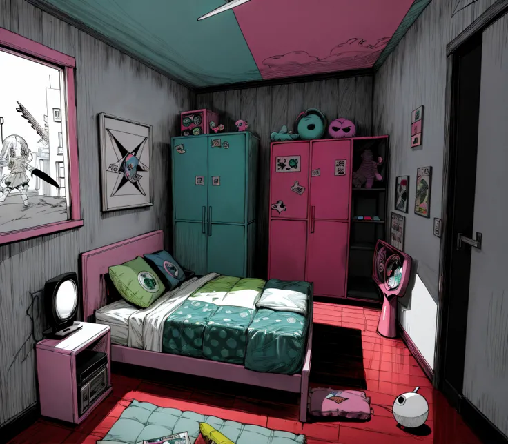 um beliche colorido com mesa e TV, com um beliche, Quarto do menino, Ponto de encontro para adolescentes, Cyberpunk Childrens Room, Quarto pequeno, Quarto pequeno, quarto de cama, estilo dos desenhos animados, sala de jogos, estilo moderno brilhante, em qu...