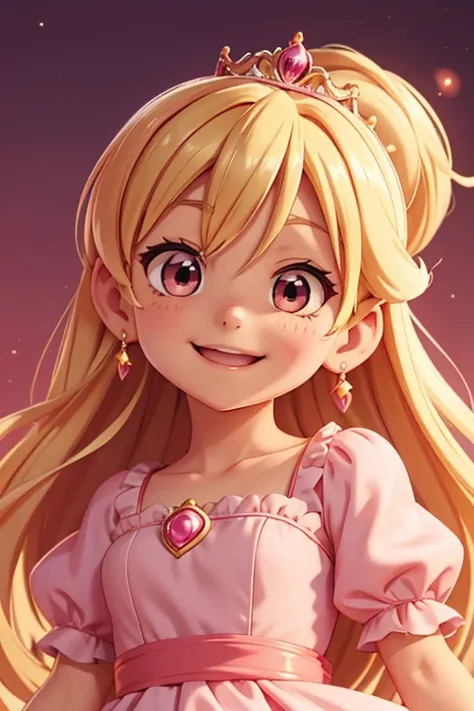 Anime style，cute child princess，The face is front，pink long dress，　a blond，wearing a tiara，a smile，Im smiling