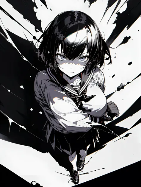 v5lcn style,ink art,(best quality,masutepiece:1.2),(black and white comic core:1.1),(extreme high contrast),dark ink,1girl in,a ...