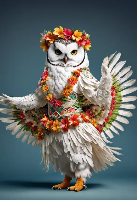 photorealistic portrait of Dressed animals - a white owl hula dancer,(dancing), high quality, intricate details highly detailed hula costume ,flower lay, studio lighting,(full body image:1.5)