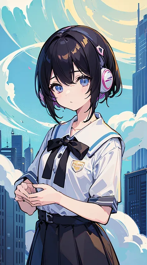 (Top quality illustrations:1.5)、(ultra-detailliert) 、(The background is the cityscape)、(Cute little girl s:1.0)、(女の子1人:1.0)、(Short black hair:1.0)、(School Uniforms:1.0)、(Waist to upper body:1.0)、17 age、Wearing headphones、D-cups、