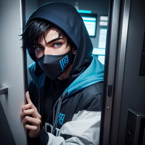 Homem jovem de 19 anos, campus hacker and half mask. Opening an office door, dark scenery with blue and gray tones.