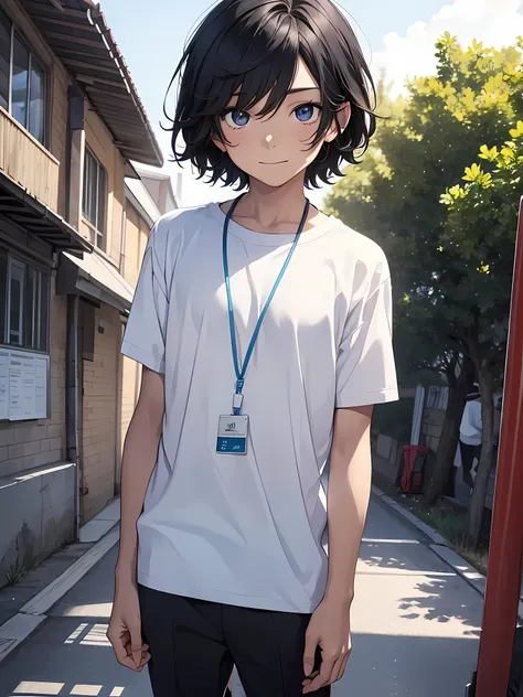 1boy, young male, age 12, black hair, happy, solo, detailed eyes, clear eyes, quality eyes, masterpiece, (UntuckedShirt:1.2), UntuckedShirt, student, White t-shirt, short sleeves, long black pants, wearing blue lanyard, standing, park, school, anime, line ...