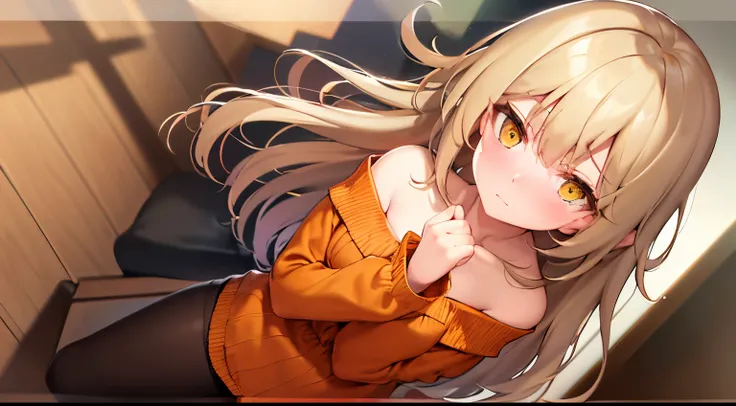 cinematic angle, Angle from above, High angle, ​masterpiece、hightquality、(Blonde long hair, yellow  eyes)、An 18-year-old woman、(Alone:1.5)、(She is wearing an orange off-shoulder long-sleeved blouse.:1.2)、Put your hands on your chest, (Embarrassed expressio...