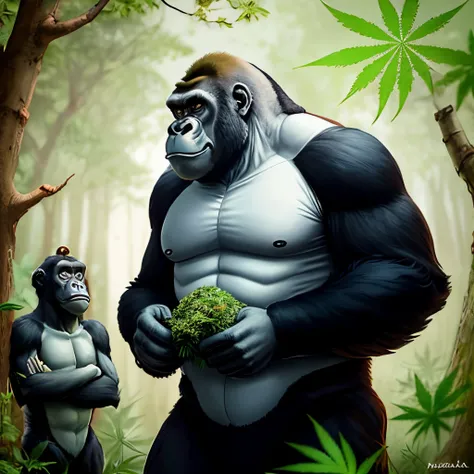 A big gorilla in the middle, with weed around it