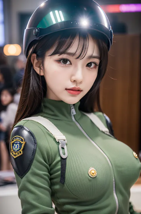 Exposed nipples、Air Force Pilot、Pose in front of a fighter、Photographed on the runway、there is a pilot&#39;S helmet、look up sky。dark green flight suit、High exposure、Photorealistic images of solo idols, Morning Musume inspired by Eri Kamei, Radiates charm a...