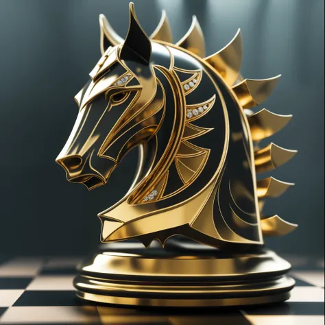 golden knight on the chessboard&#39;head strewn with diamonds, with reflections and shine,  Dark background, chess knight, Knight Chess, 3D sculpture with an octane rating of 8K, depicted as a 3 d render, 3D sculpture with 8K octane rating, rendered in key...