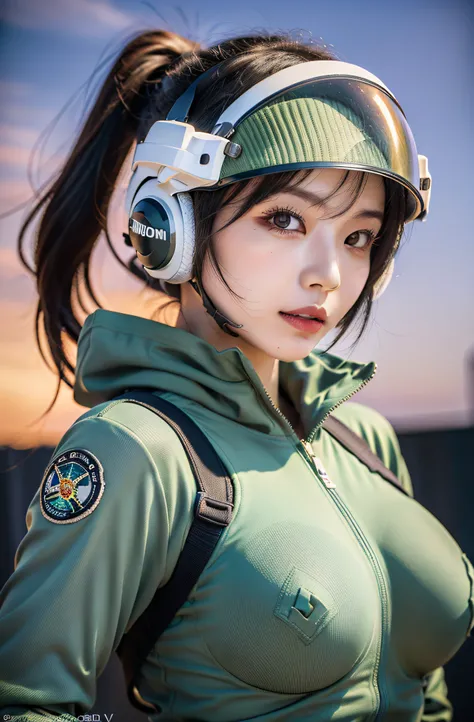 Exposed nipples、Air Force Pilot、Pose in front of a fighter、Photographed on the runway、there is a pilot&#39;S helmet、look up sky。dark green flight suit、High exposure、Photorealistic images of solo idols, Morning Musume inspired by Eri Kamei, Radiates charm a...