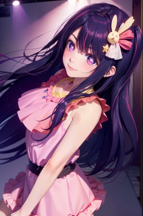 (masterpiece), best quality, expressive eyes, perfect face, highres, (8k), (perfect face), (ultra details), Hoshino Ai, long hair, purple hair, streaked hair ,purple eyes, star-shaped pupils, hair ornament, frills, pink boots, pink shirt, smile, sleeveless...