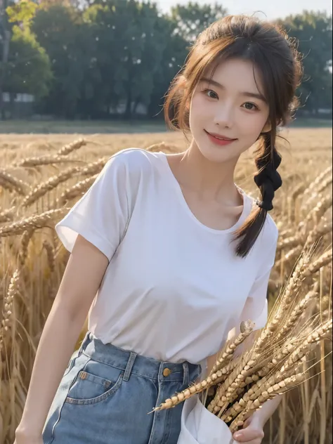 korean woman, (tmasterpiece, good boy, Contaminated smile), Virtual YouTube, Go to the countryside to do farm work, (are present (Cut the wheat: 1.4)), fertilize, weeding, plain face, and makeup, Country girl, pony tails, Detailed skin texture, The texture...