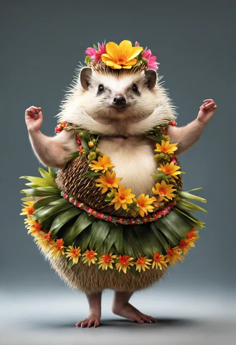 photorealistic portrait of Dressed animals - a fat hedgehog hula dancer,(dancing), high quality,(lovely) intricate details highly detailed hula costume ,flower lay, studio lighting,(full body image:1.5)