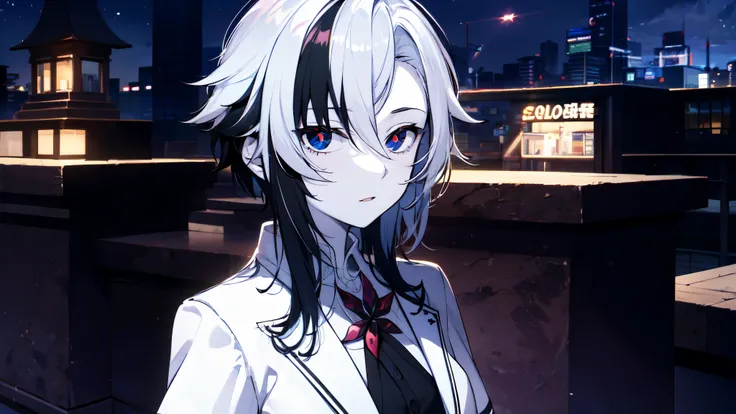 (masterpiece:1.2), (pale skin:1.2), (solo:1.2), (female:1.1), (emphasis lines:1.3), short hair, white hair, black hair, black eyes, (x-shaped pupils), white attire, outdoors, night, closed mouth