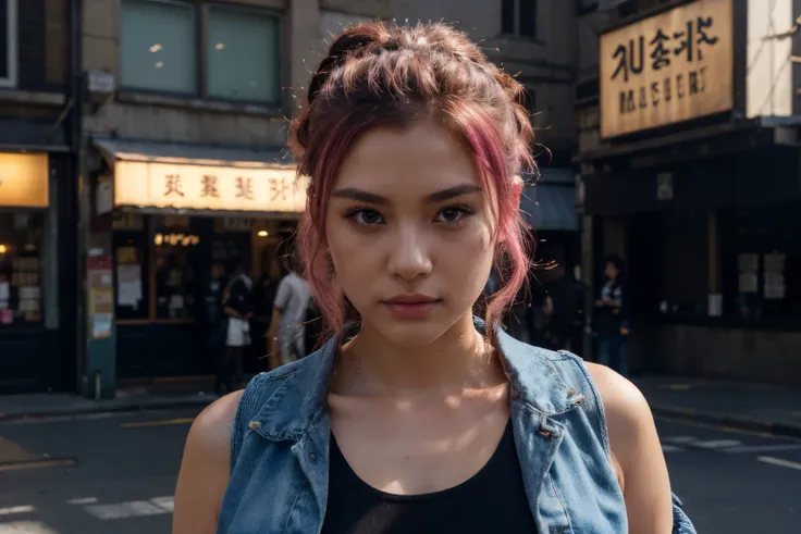 beautiful korean model with pink hair using black tank top with denim jacket, detail face, she have a very bright eyes, realistic face, detail face, realistic skin, skin pore, vibrant, dramatic lighting, 8k resolution picture, high detail on the photo, ver...