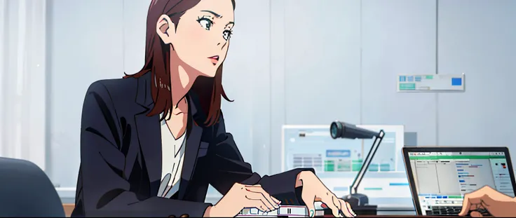 A woman in business clothes sitting at a table with two laptops, In front of a computer, Woman in business suit, a young asian woman, young business woman, asian female, A Japanese Lady, elegant japanese woman, sitting in front of a computer, sitting in fr...