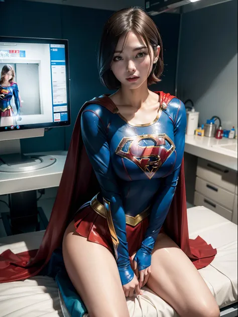 ​masterpiece,Supergirl Costume, short-hair, bare-legged, large full breasts,surgery room、Operating table、straddle、depraved、shiny、Looking at the camera、Provocation