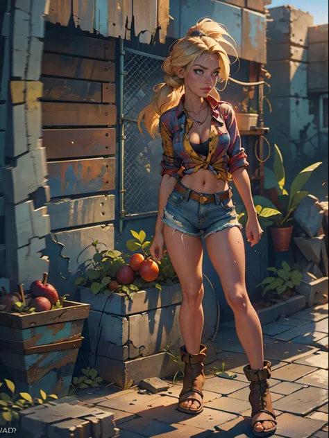 2076 year. The Urban Ruins of the Wasteland, Female huntress picking fruit in the garden, beautiful face, blonde, very torn shirt and denim shorts, shirt in tatters ,  long legs, sweating through, sun rising, Nice warm colors, head to toe full body shot