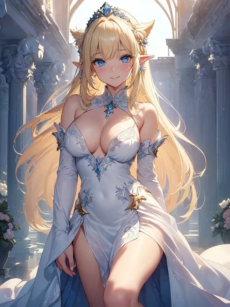 top-quality、Top image quality、​masterpiece、gentle white dragon and elf、Elven Beauty、smil((24 year old、Best Bust、big bast、Bust 90,Beautiful blue eyes、,Blonde long hair、A slender、a closeup、Esbian、beautiful tiara、hiquality、beautiful white giant dragon、Beautif...