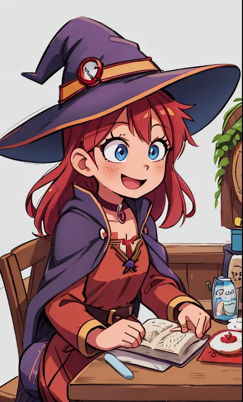 Cartoon girl sitting at a table with a book, red braided hair, smiling, blue eyes, happy, witch academia, little witch academia, witch girl, portrait of a young witch girl, half invoker half megumin, bright witch, flirty anime witch casting magic, a young ...